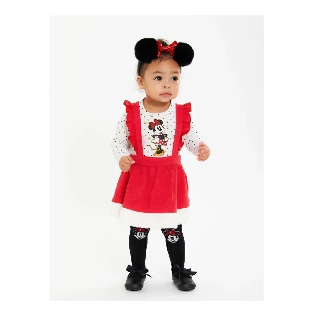 Disney Minnie Mouse Baby Girl Top, Pinafore and Tights Outfit Set, 3-Piece